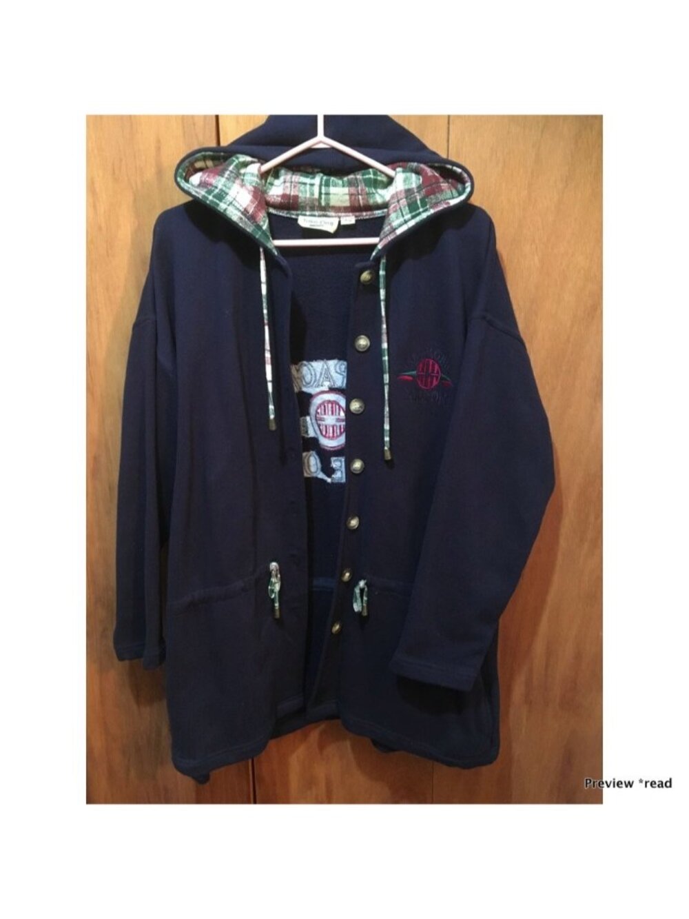 Navy Hooded Utility Jacket with Plaid-Lined Hood